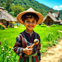 A cheerful village boy standing in a picturesque rural landscape, wearing traditional colorful clothing, with a straw hat on his head, surrounded by lush green fields and flowering plants