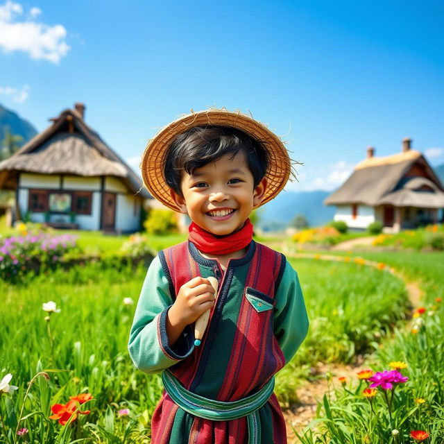 A cheerful village boy standing in a picturesque rural landscape, wearing traditional colorful clothing, with a straw hat on his head, surrounded by lush green fields and flowering plants