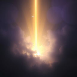 A radiant beam of light representing immortality breaking through a dense fog of darkness, symbolizing a spiritual awakening amidst worldly shadows