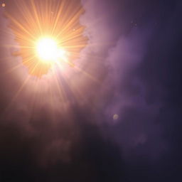 A radiant beam of light representing immortality breaking through a dense fog of darkness, symbolizing a spiritual awakening amidst worldly shadows
