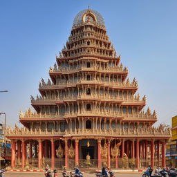 The front elevation of a magnificent temple, located beside a busy road under a clear blue sky