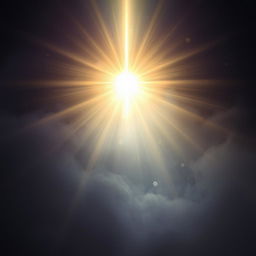 A radiant beam of light representing immortality breaking through a dense fog of darkness, symbolizing a spiritual awakening amidst worldly shadows