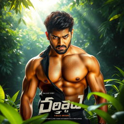 A magnificent poster featuring Allu Arjun standing confidently in the middle of a dense jungle