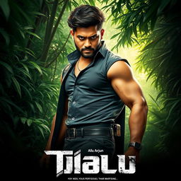 A magnificent poster featuring Allu Arjun standing confidently in the middle of a dense jungle