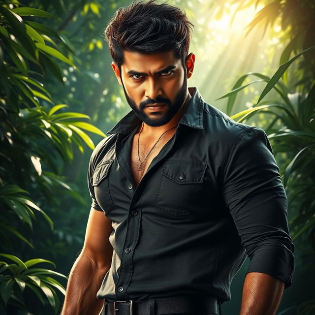 A magnificent poster featuring Allu Arjun standing confidently in the middle of a dense jungle