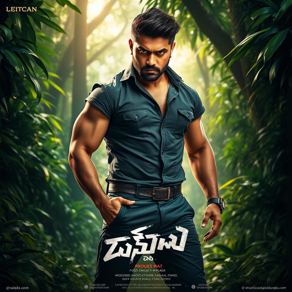 A magnificent poster featuring Allu Arjun standing confidently in the middle of a dense jungle