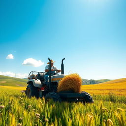 A scenic view of a farmer in the process of cropping a lush green field under a bright blue sky