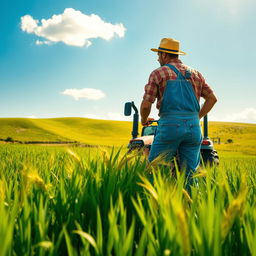 A scenic view of a farmer in the process of cropping a lush green field under a bright blue sky