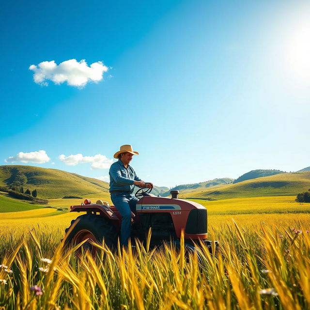 A scenic view of a farmer in the process of cropping a lush green field under a bright blue sky