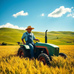 A scenic view of a farmer in the process of cropping a lush green field under a bright blue sky