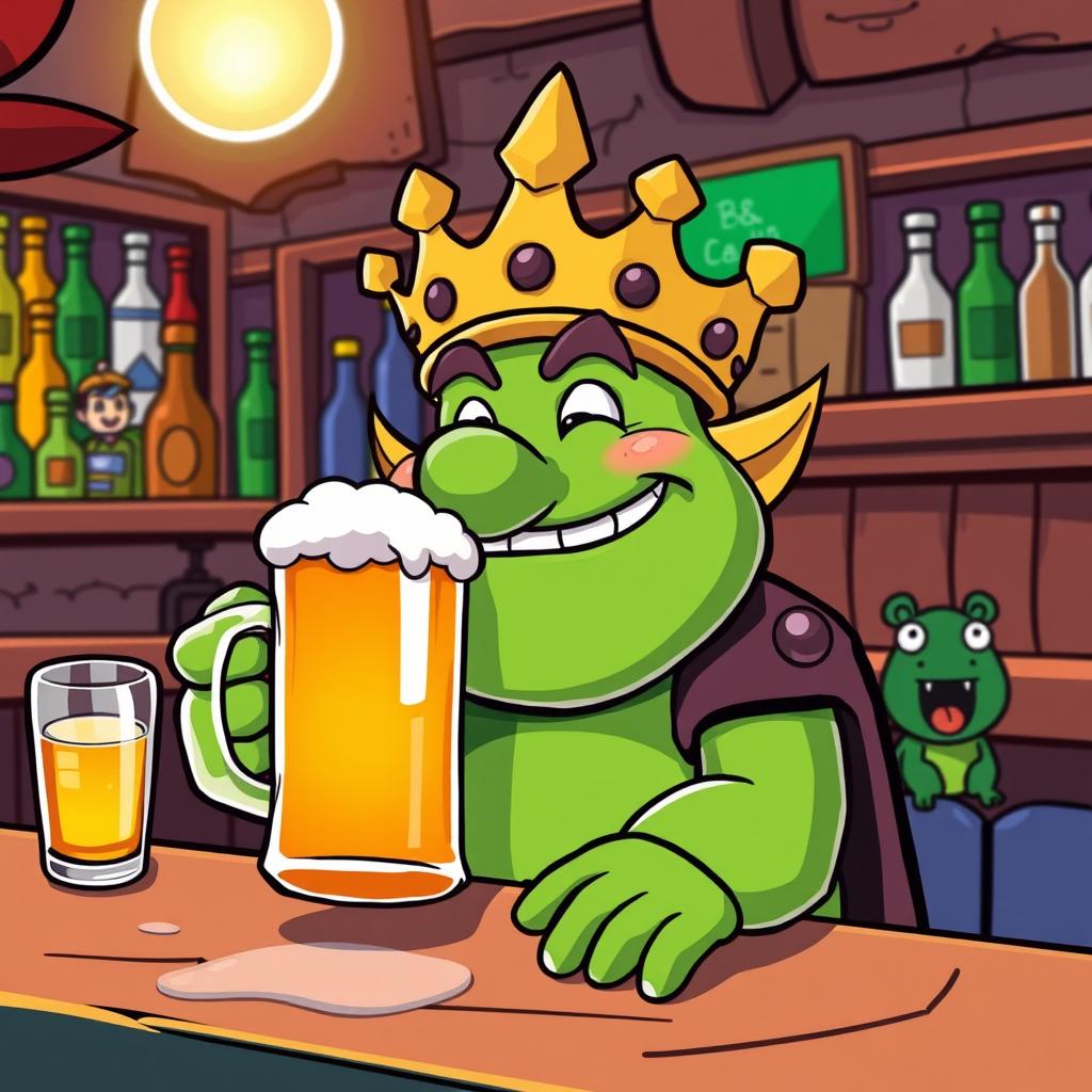 A cartoon style vector illustration of King Wart (also known as Mamu) from Super Mario, depicted as a green, frog-like character with a large crown, sitting at a bar