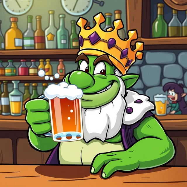 A cartoon style vector illustration of King Wart (also known as Mamu) from Super Mario, depicted as a green, frog-like character with a large crown, sitting at a bar