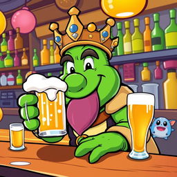 A cartoon style vector illustration of King Wart (also known as Mamu) from Super Mario, depicted as a green, frog-like character with a large crown, sitting at a bar