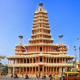 The front elevation of a magnificent temple, located beside a busy road under a clear blue sky