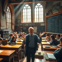 An immersive scene depicting a Muggle Studies classroom at Hogwarts School of Witchcraft and Wizardry