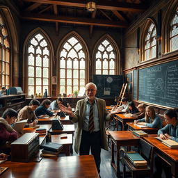 An immersive scene depicting a Muggle Studies classroom at Hogwarts School of Witchcraft and Wizardry