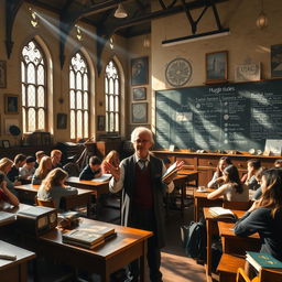 An immersive scene depicting a Muggle Studies classroom at Hogwarts School of Witchcraft and Wizardry