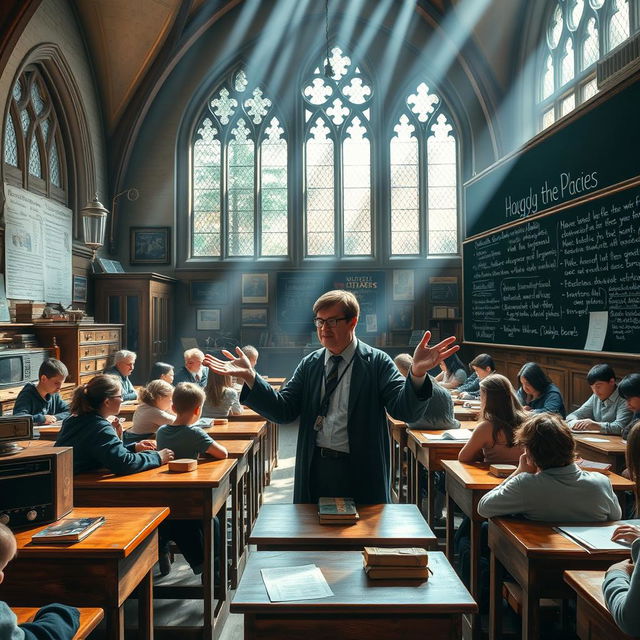 An immersive scene depicting a Muggle Studies classroom at Hogwarts School of Witchcraft and Wizardry