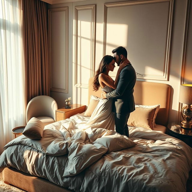 A sensual scene set in a modern bedroom, featuring a couple engaged in a passionate moment
