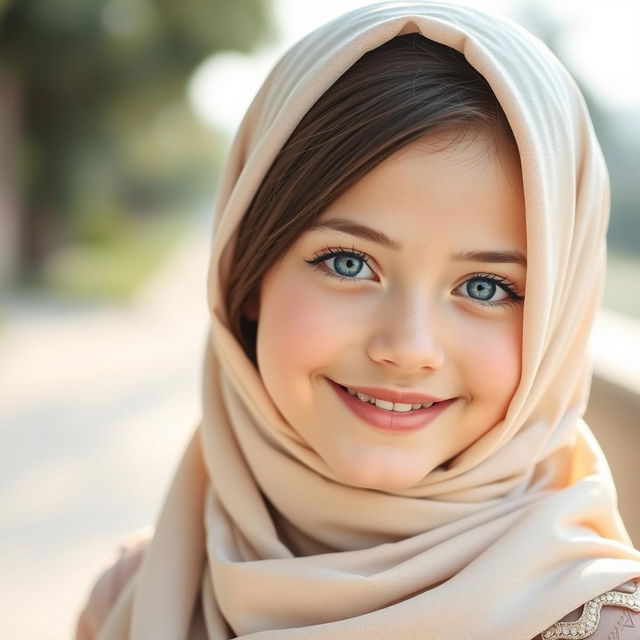 A beautiful 19-year-old girl with striking blue eyes and charming chubby cheeks, wearing a stylish hijab