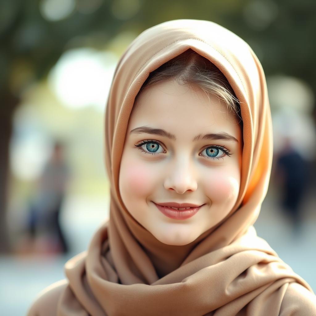 A beautiful 19-year-old girl with striking blue eyes and charming chubby cheeks, wearing a stylish hijab