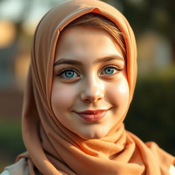 A beautiful 19-year-old girl with striking blue eyes and charming chubby cheeks, wearing a stylish hijab