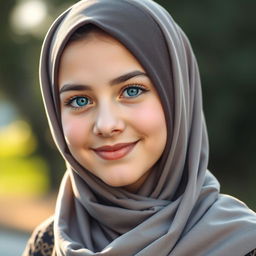 A beautiful 19-year-old girl with striking blue eyes and charming chubby cheeks, wearing a stylish hijab