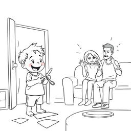 A line art illustration depicting a cheerful child playing with scissors in one room