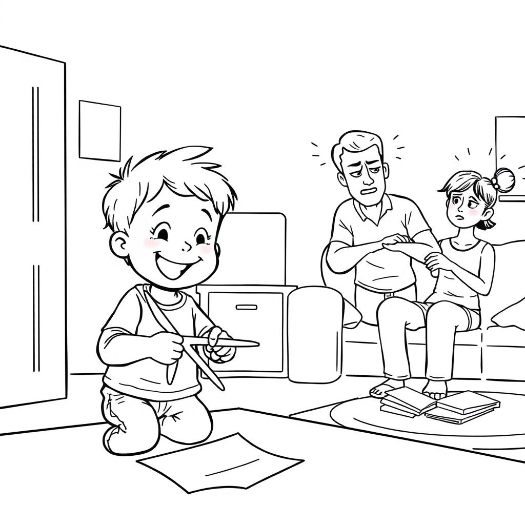 A line art illustration depicting a cheerful child playing with scissors in one room