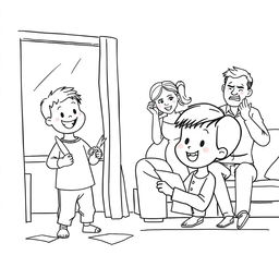 A line art illustration depicting a cheerful child playing with scissors in one room