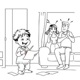 A line art illustration depicting a cheerful child playing with scissors in one room