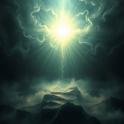 A surreal and ethereal scene depicting an immortal light illuminating a dark, ethereal landscape filled with swirling shadows and abstract, misty forms