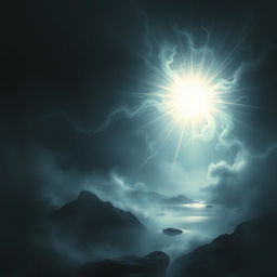 A surreal and ethereal scene depicting an immortal light illuminating a dark, ethereal landscape filled with swirling shadows and abstract, misty forms