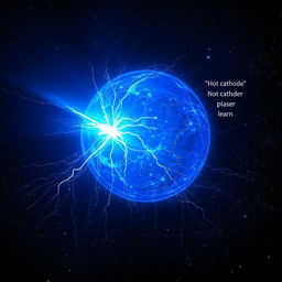A captivating depiction of a hot cathode spherical blue star discharge, showcasing a glowing blue sphere radiating an intense blue light in a dark cosmic background