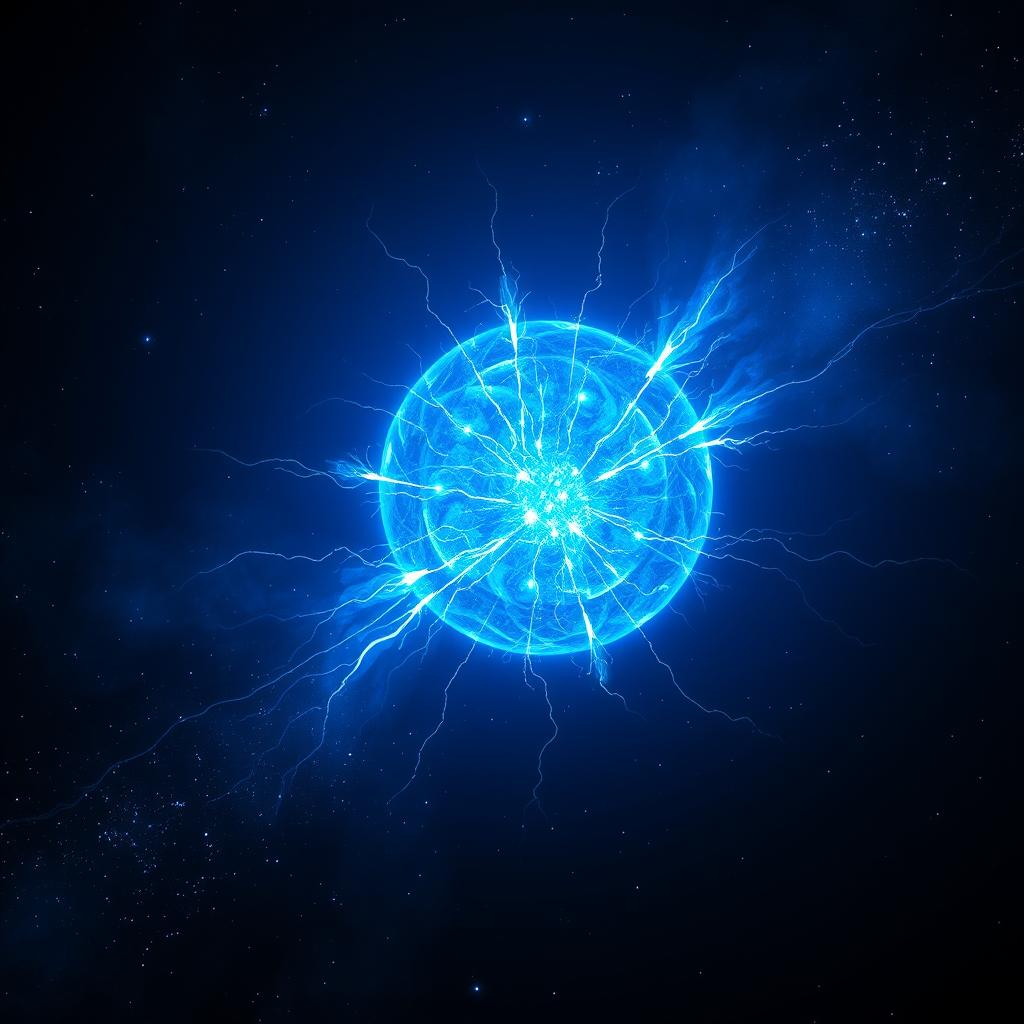 A captivating depiction of a hot cathode spherical blue star discharge, showcasing a glowing blue sphere radiating an intense blue light in a dark cosmic background
