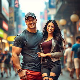 A dynamic and vibrant scene featuring John Cena and Katrina Kaif together, both in casual, stylish clothing