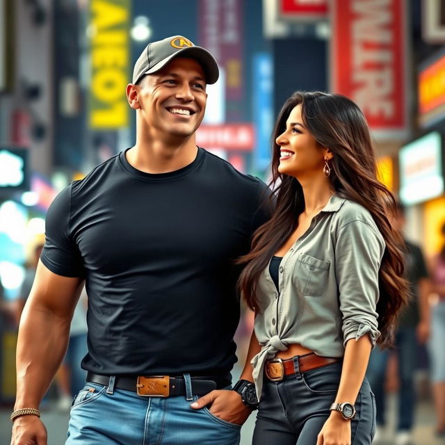 A dynamic and vibrant scene featuring John Cena and Katrina Kaif together, both in casual, stylish clothing