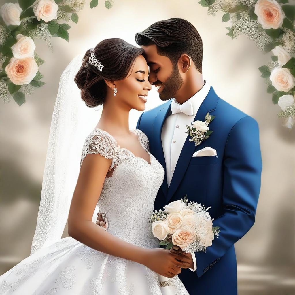 A high-quality digital art image capturing a man and a woman on their wedding day