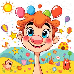 A whimsical and colorful illustration of a cartoon character with an oversized nose, surrounded by various imaginative objects like floating balloons, stars, and whimsical animals