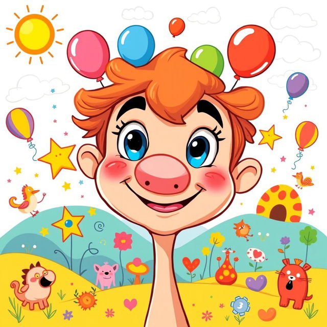 A whimsical and colorful illustration of a cartoon character with an oversized nose, surrounded by various imaginative objects like floating balloons, stars, and whimsical animals