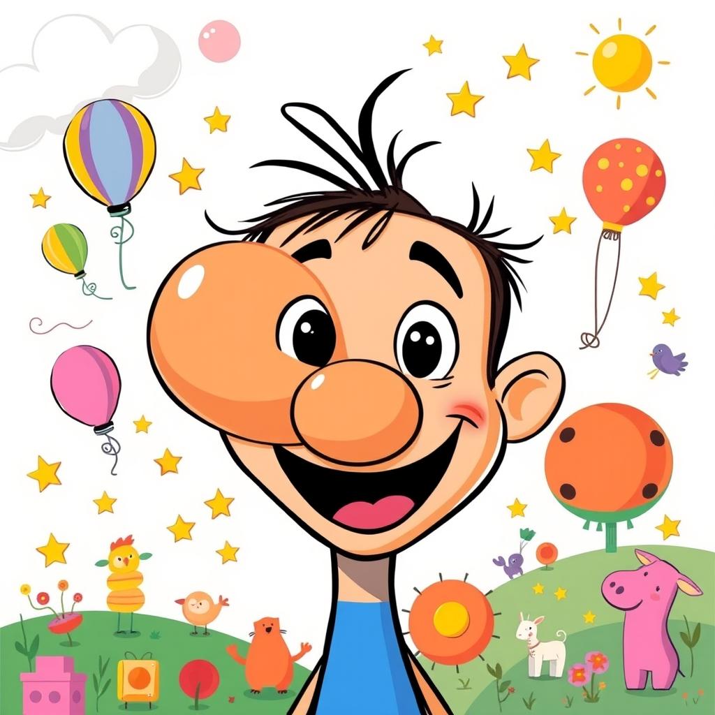 A whimsical and colorful illustration of a cartoon character with an oversized nose, surrounded by various imaginative objects like floating balloons, stars, and whimsical animals