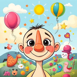 A whimsical and colorful illustration of a cartoon character with an oversized nose, surrounded by various imaginative objects like floating balloons, stars, and whimsical animals