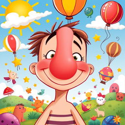 A whimsical and colorful illustration of a cartoon character with an oversized nose, surrounded by various imaginative objects like floating balloons, stars, and whimsical animals