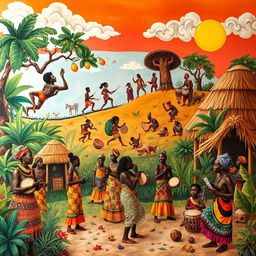 A vibrant and rich scene depicting African culture and traditions, illustrating various elements such as traditional clothing, colorful patterns, and intricate beadwork