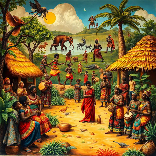 A vibrant and rich scene depicting African culture and traditions, illustrating various elements such as traditional clothing, colorful patterns, and intricate beadwork