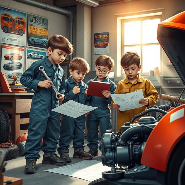 A dynamic scene depicting three boys in a garage, working together as mechanics inventing a futuristic car