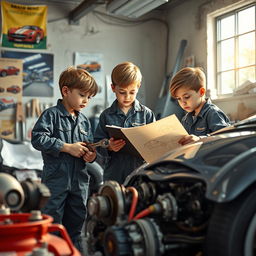 A dynamic scene depicting three boys in a garage, working together as mechanics inventing a futuristic car