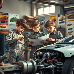 A dynamic scene depicting three boys in a garage, working together as mechanics inventing a futuristic car