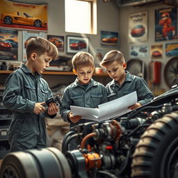 A dynamic scene depicting three boys in a garage, working together as mechanics inventing a futuristic car