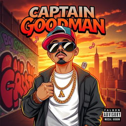 An album cover for a rap artist named Captain Goodman, featuring a cool and confident character with a stylish street outfit